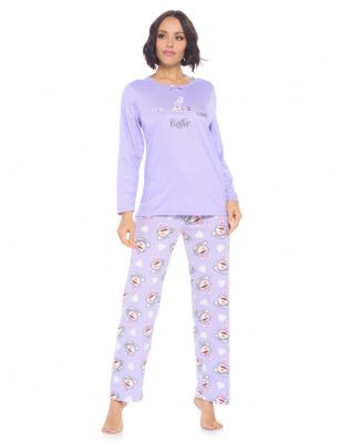 Casual Nights Women's Jersey Knit Long-Sleeve Top and Mircro Fleece Bottom Pajama Set - #1 Purple Latte - Please use this size chart to determine which size will fit you best, if your measurements fall between two sizes we recommend ordering a larger size as most people prefer their sleepwear a little looser. Medium: Measures US Size 68, Chests/Bust 35-36" Large: Measures US Size 10-12, Chests/Bust 37-38" X-Large: Measures US Size 12-14, Chests/Bust 38.5-41" XX-Large: Measures US Size 16-18, Chests/Bust 41.5-44" XXX-Large: Measures US Size 18-20, Chests/Bust 44.5-46"This Knit Top & Micro Fleece PJs Set for ladies from the Casual Nights Loungewear and Sleepwear Collection Designed in Adorable and fun screen prints & patterns. Sleep Tee shirt is made from ultra-soft 55% Cotton 45% Polyester. While the Sleep Pants is made of 100% Poly MicroFleece material. It'll keep you warm and comfortable during the cold winter days yet stylish at the same time. Features a Long sleeve pull over Crew Neckline with satin bow-tie at neck, Coordinating Fleece Pajama pant features; Elasticized waist and drawstring bow tie closure for added comfort and easy pull on, approx 29-30" inseam. This Two-piece comfort sleepwear PJ set is perfect for sleeping or lounging around the House. Soft to touch feels great against skin, you will not want to get them off! Makes a thoughtful gift for girl pajama party, teen birthdays, Mother's Day, Christmas holiday and any other special occasions!.