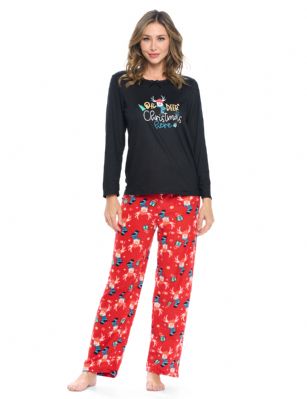 Casual Nights Women's Jersey Knit Long-Sleeve Top and Mircro Fleece Bottom Pajama Set - #1 Black Holiday Deer - Please use this size chart to determine which size will fit you best, if your measurements fall between two sizes we recommend ordering a larger size as most people prefer their sleepwear a little looser. Medium: Measures US Size 68, Chests/Bust 35-36" Large: Measures US Size 10-12, Chests/Bust 37-38" X-Large: Measures US Size 12-14, Chests/Bust 38.5-41" XX-Large: Measures US Size 16-18, Chests/Bust 41.5-44" This Knit Top & Micro Fleece PJs Set for ladies from the Casual Nights Loungewear and Sleepwear Collection Designed in Adorable and fun screen prints & patterns. Sleep Tee shirt is made from ultra-soft 55% Cotton 45% Polyester. While the Sleep Pants is made of 100% Poly MicroFleece material. It'll keep you warm and comfortable during the cold winter days yet stylish at the same time. Features a Long sleeve pull over Crew Neckline with satin bow-tie at neck, Coordinating Fleece Pajama pant features; Elasticized waist and drawstring bow tie closure for added comfort and easy pull on, approx 29-30" inseam. This Two-piece comfort sleepwear PJ set is perfect for sleeping or lounging around the House. Soft to touch feels great against skin, you will not want to get them off! Makes a thoughtful gift for girl pajama party, teen birthdays, Mother's Day, Christmas holiday and any other special occasions!.