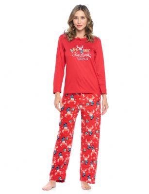 Casual Nights Women's Jersey Knit Long-Sleeve Top and Mircro Fleece Bottom Pajama Set - #1 Red Holiday Deer - Please use this size chart to determine which size will fit you best, if your measurements fall between two sizes we recommend ordering a larger size as most people prefer their sleepwear a little looser. Medium: Measures US Size 68, Chests/Bust 35-36" Large: Measures US Size 10-12, Chests/Bust 37-38" X-Large: Measures US Size 12-14, Chests/Bust 38.5-41" XX-Large: Measures US Size 16-18, Chests/Bust 41.5-44" This Knit Top & Micro Fleece PJs Set for ladies from the Casual Nights Loungewear and Sleepwear Collection Designed in Adorable and fun screen prints & patterns. Sleep Tee shirt is made from ultra-soft 55% Cotton 45% Polyester. While the Sleep Pants is made of 100% Poly MicroFleece material. It'll keep you warm and comfortable during the cold winter days yet stylish at the same time. Features a Long sleeve pull over Crew Neckline with satin bow-tie at neck, Coordinating Fleece Pajama pant features; Elasticized waist and drawstring bow tie closure for added comfort and easy pull on, approx 29-30" inseam. This Two-piece comfort sleepwear PJ set is perfect for sleeping or lounging around the House. Soft to touch feels great against skin, you will not want to get them off! Makes a thoughtful gift for girl pajama party, teen birthdays, Mother's Day, Christmas holiday and any other special occasions!.