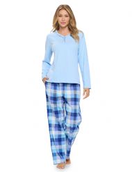 Casual Nights Women's Jersey Knit Long-Sleeve Top and Soft Flannel Bottom Pajama Set - Blue Plaid