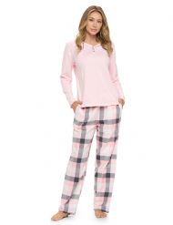 Casual Nights Women's Jersey Knit Long-Sleeve Top and Soft Flannel Bottom Pajama Set - Grey Pink Plaid