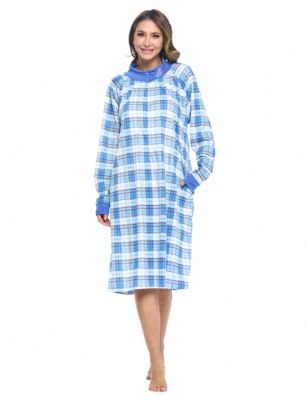 Casual Nights Women's Plaid Long Sleeve Zip Up Long Nightgown - Blue - Casual Nights Cotton Knit Lounger Robe is warm and comfy, made out of a lightweight soft 55% Cotton/ 45% Polyester breathable fabric that's cozy, non- irritating and feels great on skin. Night dress features: Long sleeve, round neck with flower embroidery detail, easy zippper front closure,  side seam pockets, mid calf length approx. 42" inches. A comfortable loose fit style perfect to lounge around the house, relax in, or for sleeping. Order a size up for more roominess. 