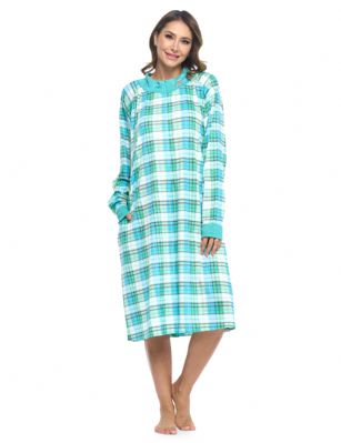 Casual Nights Women's Plaid Long Sleeve Zip Up Long Nightgown - Green - Casual Nights Cotton Knit Lounger Robe is warm and comfy, made out of a lightweight soft 55% Cotton/ 45% Polyester breathable fabric that's cozy, non- irritating and feels great on skin. Night dress features: Long sleeve, round neck with flower embroidery detail, easy zippper front closure,  side seam pockets, mid calf length approx. 42" inches. A comfortable loose fit style perfect to lounge around the house, relax in, or for sleeping. Order a size up for more roominess. 