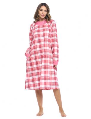 Casual Nights Women's Plaid Long Sleeve Zip Up Long Nightgown - Pink - Casual Nights Cotton Knit Lounger Robe is warm and comfy, made out of a lightweight soft 55% Cotton/ 45% Polyester breathable fabric that's cozy, non- irritating and feels great on skin. Night dress features: Long sleeve, round neck with flower embroidery detail, easy zippper front closure,  side seam pockets, mid calf length approx. 42" inches. A comfortable loose fit style perfect to lounge around the house, relax in, or for sleeping. Order a size up for more roominess. 
