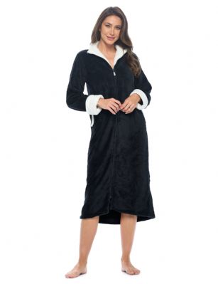 Casual Nights Women's Zip Front Plush Fleece Robe - Black - Zip up and Wrap around in total comfort with this Plush Women's Zip Up Fleece Robe, Exceptionally lightweight. Featuring Contrasting white Cuffs and neckline, Long sleeves and 2 hand Pockets. Full length zipper makes it Effortless getting it on and off Design perfect for Lounging and Relaxing it Total Comfort.