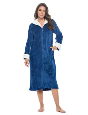 Casual Nights Women's Zip Front Plush Fleece Robe - Blue Berry - Zip up and Wrap around in total comfort with this Plush Women's Zip Up Fleece Robe, Exceptionally lightweight. Featuring Contrasting white Cuffs and neckline, Long sleeves and 2 hand Pockets. Full length zipper makes it Effortless getting it on and off Design perfect for Lounging and Relaxing it Total Comfort.
