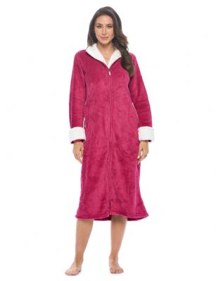 Casual Nights Women's Zip Front Plush Fleece Robe - Wine - Zip up and Wrap around in total comfort with this Plush Women's Zip Up Fleece Robe, Exceptionally lightweight. Featuring Contrasting white Cuffs and neckline, Long sleeves and 2 hand Pockets. Full length zipper makes it Effortless getting it on and off Design perfect for Lounging and Relaxing it Total Comfort.
