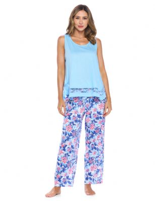 Casual Nights Women's Tank Top & Long Pants Pajama Set - Cami with Printed Bottom Sleepwear Pjs - Blue - This lightweight and comfortable Tank Top with Long Pants PJs for ladies from the Casual Nights Loungewear and Sleepwear Collection, Cotton/Poly Knit Pajamas in a fun Classic print, this easy to wear Printed Pajama Sleep Set is made of 55% Cotton/45% Poly fabric, Features: Pullover Sleeveless tank with scoop neckline and Fancy lace bottom trim, with Casual loose fit style. matching printed pull on pajama pants with elastic waistband, Approximately 30 inch inseam length. These Pajamas a relaxed comfortable fit and comes in regular and plus sizes S, M, L, XL, 2X, 3X, 4X. All year spring and summer versatile multi uses, perfect for sleeping or curling up on the couch to watch a movie. Makes a perfect Mothers Day gift for your loved ones, Teen Girls, mom, older women, or elderly grandmother! Please use our size chart to determine which size will fit you best, if your measurements fall between two sizes we recommend ordering a larger size as most people prefer their sleepwear a little looser.Medium: Measures US Size 8-10, Chests/Bust 3''-38" Large: Measures US Size 12-14, Chests/Bust 38.5"-40"X-Large: Measures US Size 16-18, Chests/Bust 41.5"-42XX-Large: Measures US Size 18-20, Chests/Bust 43"-45" 