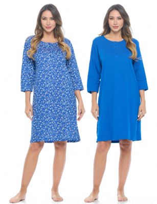 Casual Nights Women's Henley Nightshirts Set of 2, Floral 3/4 Sleeve Nightgowns & Solid Sleepwear Shirt - Royal Blue - This softest lightweight and comfortable 3/4 Sleeve Long Nightgown for ladies from the Casual Nights Loungewear and Sleepwear robes Collection,  in beautiful feminine Bright Solid & floral print pattern design. this easy to wear Pullover Nightdress is made of 100% Cotton Knit material,  This Convenient 2-pack set  sleep dress Features: Henley-Style with a scoop neckline, 5 Button placket, elbow-length sleeves. Mid calf length approx. 38-39 Shoulder to hem. This lounge wear muumuu dress has a relaxed comfortable fit and comes in regular and plus sizes  M, L, XL, 2X, All year winter and summer versatile multi uses, wear around to bed as Pj's or lounging the house as relaxed home day waltz dress, a sleepshirt dress, Our sleep robe gowns is perfect to use for maternity, labor/delivery, hospital gown. Makes a perfect Mothers Day gift for your loved ones, mom, older women or elderly grandmother. Even beautiful and comfortable enough for everyday use around the house.  Please use our size chart to determine which size will fit you best, if your measurements fall between two sizes, we recommend ordering a larger size as most people prefer their sleepwear a little looser. Medium: Measures US Size 6-8 -, Chests/Bust 35"-36" Large: Measures US Size 10-12, Chests/Bust 37-38" X-Large: Measures US Size 14-16, Chests/Bust 38.5-40" XX-Large: Measures US Size 18-20, Chests/Bust 41.5-43"