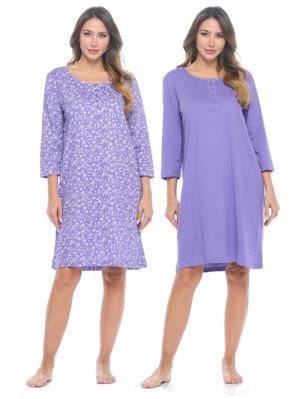 Casual Nights Women's Henley Nightshirts Set of 2, Floral 3/4 Sleeve Nightgowns & Solid Sleepwear Shirt - Lilac - This softest lightweight and comfortable 3/4 Sleeve Long Nightgown for ladies from the Casual Nights Loungewear and Sleepwear robes Collection,  in beautiful feminine Bright Solid & floral print pattern design. this easy to wear Pullover Nightdress is made of 100% Cotton Knit material,  This Convenient 2-pack set  sleep dress Features: Henley-Style with a scoop neckline, 5 Button placket, elbow-length sleeves. Mid calf length approx. 38-39 Shoulder to hem. This lounge wear muumuu dress has a relaxed comfortable fit and comes in regular and plus sizes  M, L, XL, 2X, All year winter and summer versatile multi uses, wear around to bed as Pj's or lounging the house as relaxed home day waltz dress, a sleepshirt dress, Our sleep robe gowns is perfect to use for maternity, labor/delivery, hospital gown. Makes a perfect Mothers Day gift for your loved ones, mom, older women or elderly grandmother. Even beautiful and comfortable enough for everyday use around the house.  Please use our size chart to determine which size will fit you best, if your measurements fall between two sizes, we recommend ordering a larger size as most people prefer their sleepwear a little looser. Medium: Measures US Size 6-8 -, Chests/Bust 35"-36" Large: Measures US Size 10-12, Chests/Bust 37-38" X-Large: Measures US Size 14-16, Chests/Bust 38.5-40" XX-Large: Measures US Size 18-20, Chests/Bust 41.5-43"
