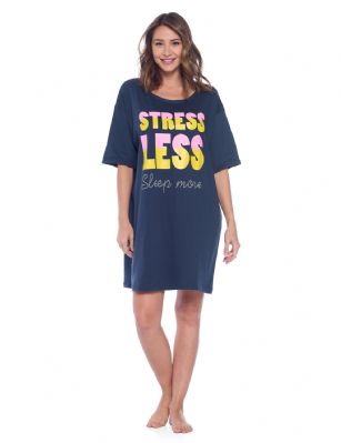 Casual Nights Women's Short Sleeve Printed Scoop Neck Sleep Tee - Navy - Hit the sack in total comfort, this shirt is designed with comfort in mind. Flirty knee-length, Fun Screen Print and Comfortable Loose fit makes it a flattering piece that every woman should own in her top drawer.