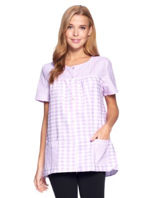 Casual Nights Women's Snap Front Smock Cobbler Woven Scrub Apron Top with Pockets - Purple Plaid - This lightweight Cute and comfortable House Smock with Snaps front closure Cobbler Aprons for ladies from the Casual Nights Loungewear robes and Sleepwear Collection, Thin and light house top, in beautiful feminine floral print pattern designs. this easy to wear smock blouses is made of 55% Cotton, 45% Poly woven fabric, perfect for spring, summer and all year round! The lounger top Features: short sleeves shirt with full button Snaps front closure for easy wearing and easy slipping on/off, flattering round neck with scalloped trim at yolk, 2 roomy front patch hand pockets, length measures approx. 28. This house apron cobbler has a relaxed comfortable fit and comes in regular and plus sizes S, M, L, XL, 2X, 3X, 4X. All year winter and summer versatile multi uses, throw over your clothes as house robe cobbler while cleaning, washing and cooking to protect from dirt and hold your essentials, wear around the house as relaxed home day shirt, a pajama top to sleep in the spring and hot summer nights as a sleepshirt, Our cobbler scrubs is perfect to use for maternity, labor/delivery, nurse hospital scrub gown. Makes a perfect Mothers Day gift for your loved ones, mom, housekeeper, seamstress, older women or elderly grandmother. Even beautiful enough for outside shopping and walking, comfortable enough for everyday while keeping your clothes clean and fresh! Please use our size chart to determine which size will fit you best, if your measurements fall between two sizes, we recommend ordering a larger size as most people prefer their sleepwear a little looser. Small: Measures US Size 4-6, Chests/Bust 34"-35" Medium: Measures US Size 8-10, Chests/Bust 36"-37" Large: Measures US Size 1214, Chests/Bust 38"-40" X-Large: Measures US Size 16-18, Chests/Bust 41"-43" XX-Large: Measures US Size 18W-20W, Chests/Bust 46-48" 3X-Large: Measures US Size 22W-24W, Chests/Bust 50-52" 4X-Large: Measures US Size 26-28, Chests/Bust 54-56" 