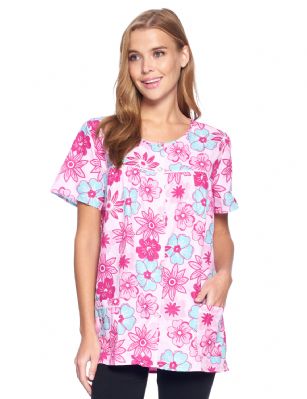 Casual Nights Women's Snap Front Smock Cobbler Woven Scrub Apron Top with Pockets - Pink Floral - This lightweight Cute and comfortable House Smock with Snaps front closure Cobbler Aprons for ladies from the Casual Nights Loungewear robes and Sleepwear Collection, Thin and light house top, in beautiful feminine floral print pattern designs. this easy to wear smock blouses is made of 55% Cotton, 45% Poly woven fabric, perfect for spring, summer and all year round! The lounger top Features: short sleeves shirt with full button Snaps front closure for easy wearing and easy slipping on/off, flattering round neck with scalloped trim at yolk, 2 roomy front patch hand pockets, length measures approx. 28. This house apron cobbler has a relaxed comfortable fit and comes in regular and plus sizes S, M, L, XL, 2X, 3X, 4X. All year winter and summer versatile multi uses, throw over your clothes as house robe cobbler while cleaning, washing and cooking to protect from dirt and hold your essentials, wear around the house as relaxed home day shirt, a pajama top to sleep in the spring and hot summer nights as a sleepshirt, Our cobbler scrubs is perfect to use for maternity, labor/delivery, nurse hospital scrub gown. Makes a perfect Mothers Day gift for your loved ones, mom, housekeeper, seamstress, older women or elderly grandmother. Even beautiful enough for outside shopping and walking, comfortable enough for everyday while keeping your clothes clean and fresh! Please use our size chart to determine which size will fit you best, if your measurements fall between two sizes, we recommend ordering a larger size as most people prefer their sleepwear a little looser. Small: Measures US Size 4-6, Chests/Bust 34"-35" Medium: Measures US Size 8-10, Chests/Bust 36"-37" Large: Measures US Size 1214, Chests/Bust 38"-40" X-Large: Measures US Size 16-18, Chests/Bust 41"-43" XX-Large: Measures US Size 18W-20W, Chests/Bust 46-48" 3X-Large: Measures US Size 22W-24W, Chests/Bust 50-52" 4X-Large: Measures US Size 26-28, Chests/Bust 54-56" 