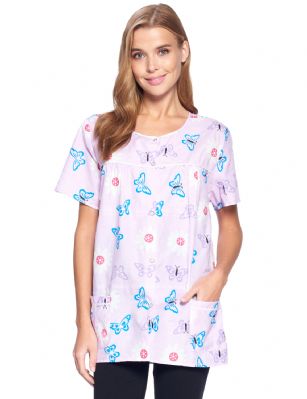 Casual Nights Women's Snap Front Smock Cobbler Woven Scrub Apron Top with Pockets - Butterfly Lilac Purple - This lightweight Cute and comfortable House Smock with Snaps front closure Cobbler Aprons for ladies from the Casual Nights Loungewear robes and Sleepwear Collection, Thin and light house top, in beautiful feminine floral print pattern designs. this easy to wear smock blouses is made of 55% Cotton, 45% Poly woven fabric, perfect for spring, summer and all year round! The lounger top Features: short sleeves shirt with full button Snaps front closure for easy wearing and easy slipping on/off, flattering round neck with scalloped trim at yolk, 2 roomy front patch hand pockets, length measures approx. 28. This house apron cobbler has a relaxed comfortable fit and comes in regular and plus sizes S, M, L, XL, 2X, 3X, 4X. All year winter and summer versatile multi uses, throw over your clothes as house robe cobbler while cleaning, washing and cooking to protect from dirt and hold your essentials, wear around the house as relaxed home day shirt, a pajama top to sleep in the spring and hot summer nights as a sleepshirt, Our cobbler scrubs is perfect to use for maternity, labor/delivery, nurse hospital scrub gown. Makes a perfect Mothers Day gift for your loved ones, mom, housekeeper, seamstress, older women or elderly grandmother. Even beautiful enough for outside shopping and walking, comfortable enough for everyday while keeping your clothes clean and fresh! Please use our size chart to determine which size will fit you best, if your measurements fall between two sizes, we recommend ordering a larger size as most people prefer their sleepwear a little looser. Small: Measures US Size 4-6, Chests/Bust 34"-35" Medium: Measures US Size 8-10, Chests/Bust 36"-37" Large: Measures US Size 1214, Chests/Bust 38"-40" X-Large: Measures US Size 16-18, Chests/Bust 41"-43" XX-Large: Measures US Size 18W-20W, Chests/Bust 46-48" 3X-Large: Measures US Size 22W-24W, Chests/Bust 50-52" 4X-Large: Measures US Size 26-28, Chests/Bust 54-56" 