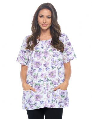 Casual Nights Women's Snap Front Smock Cobbler Woven Scrub Apron Top with Pockets - Purple Butterfly - This lightweight Cute and comfortable House Smock with Snaps front closure Cobbler Aprons for ladies from the Casual Nights Loungewear robes and Sleepwear Collection, Thin and light house top, in beautiful feminine floral print pattern designs. this easy to wear smock blouses is made of 55% Cotton, 45% Poly woven fabric, perfect for spring, summer and all year round! The lounger top Features: short sleeves shirt with full button Snaps front closure for easy wearing and easy slipping on/off, flattering round neck with scalloped trim at yolk, 2 roomy front patch hand pockets, length measures approx. 28. This house apron cobbler has a relaxed comfortable fit and comes in regular and plus sizes S, M, L, XL, 2X, 3X, 4X. All year winter and summer versatile multi uses, throw over your clothes as house robe cobbler while cleaning, washing and cooking to protect from dirt and hold your essentials, wear around the house as relaxed home day shirt, a pajama top to sleep in the spring and hot summer nights as a sleepshirt, Our cobbler scrubs is perfect to use for maternity, labor/delivery, nurse hospital scrub gown. Makes a perfect Mothers Day gift for your loved ones, mom, housekeeper, seamstress, older women or elderly grandmother. Even beautiful enough for outside shopping and walking, comfortable enough for everyday while keeping your clothes clean and fresh! Please use our size chart to determine which size will fit you best, if your measurements fall between two sizes, we recommend ordering a larger size as most people prefer their sleepwear a little looser. Small: Measures US Size 4-6, Chests/Bust 34"-35" Medium: Measures US Size 8-10, Chests/Bust 36"-37" Large: Measures US Size 1214, Chests/Bust 38"-40" X-Large: Measures US Size 16-18, Chests/Bust 41"-43" XX-Large: Measures US Size 18W-20W, Chests/Bust 46-48" 3X-Large: Measures US Size 22W-24W, Chests/Bust 50-52" 4X-Large: Measures US Size 26-28, Chests/Bust 54-56" 