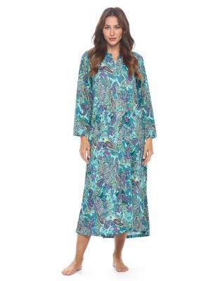 Casual Nights Women's Zip-Front Lounger Robe Long Duster Housecoat with Pockets - Green Paisley -  The Modest Casual Nights House Coat boasts a comfortable loose fit style, making it the perfect Loungewear for sleeping, relaxing, or simply lounging around the house as a House Dress. This Lounge dress features a super soft stretchy material, long sleeves, a front zipper closure, a flat comfortable neckline and most importantly pockets. From shoulder to hem this duster measures 49 inches. comes in regular and plus sizes S, M, L, XL, 2X, 3X, 4X.  It also serves as a versatile cover-up, an essential piece during rehab or recovery, and an ideal hospital robe for expectant mothers. This Lounger Dress transcends mere clothing; it's a statement of comfort and sophistication.Looking for the perfect gift for that special woman in your life? Look no further. Our Duster Lounger Dress makes an excellent choice for any occasion, be it Mother's Day, Christmas, or birthdays. She is sure to fall in love with its unparalleled comfort and timeless design.Experience the luxury of a Lounger Robe, the grace of a Muumuu, and the charm of a Lounge Dress all in one House Dress. Elevate your lounging experience with the sophistication of a Housecoat that doubles as a Nightgown, Sleep Dress, or House Robe. The convenient front zipper closure adds a touch of ease and functionality to your daily routine.Please use our size chart to determine which size will fit you best, if your measurements fall between two sizes, we recommend ordering a larger size as most people prefer their sleepwear a little looser. Small: Measures US Size 4-6, Chests/Bust 34"-35" Medium: Measures US Size 8-10, Chests/Bust 36"-37" Large: Measures US Size 1214, Chests/Bust 38"-40" X-Large: Measures US Size 16-18, Chests/Bust 41"-43" XX-Large: Measures US Size 18W-20W, Chests/Bust 46-48" 3X-Large: Measures US Size 22W-24W, Chests/Bust 50-52" 4X-Large: Measures US Size 26-28, Chests/Bust 54-56" 