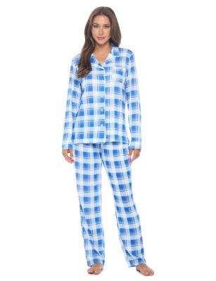 Casual Nights Womens Rayon Printed Long Sleeve Soft Pajama Set - Blue White Plaid - Soft and lightweight Rayon Knit Pajamas in a fun prints and patterns, coziest pajamas you'll ever own. Features Button down closure with notch collar, matching easy pull on pajama pants with elastic waistband for added comfort, These pj's offer comfortable straight fit perfect for sleeping or curling up on the couch to watch a movie.Please use our size chart to determine which size will fit you best, if your measurements fall between two sizes we recommend ordering a larger size as most people prefer their sleepwear a little looser.Medium: Measures US Size 8-10, Chests/Bust 3''-38" Large: Measures US Size 12-14, Chests/Bust 38.5"-40"X-Large: Measures US Size 16-18, Chests/Bust 41.5"-42XX-Large: Measures US Size 18-20, Chests/Bust 43"-45" 