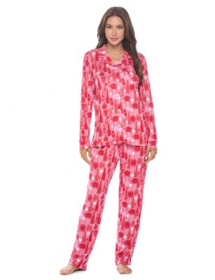 Casual Nights Womens Rayon Printed Long Sleeve Soft Pajama Set - Rose Wine Glass - Soft and lightweight Rayon Knit Pajamas in a fun prints and patterns, coziest pajamas you'll ever own. Features Button down closure with notch collar, matching easy pull on pajama pants with elastic waistband for added comfort, These pj's offer comfortable straight fit perfect for sleeping or curling up on the couch to watch a movie.Please use our size chart to determine which size will fit you best, if your measurements fall between two sizes we recommend ordering a larger size as most people prefer their sleepwear a little looser.Medium: Measures US Size 8-10, Chests/Bust 3''-38" Large: Measures US Size 12-14, Chests/Bust 38.5"-40"X-Large: Measures US Size 16-18, Chests/Bust 41.5"-42XX-Large: Measures US Size 18-20, Chests/Bust 43"-45" 
