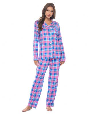 Casual Nights Womens Rayon Printed Long Sleeve Soft Pajama Set - Royal Blue Plaid - Soft and lightweight Rayon Knit Pajamas in a fun prints and patterns, coziest pajamas you'll ever own. Features Button down closure with notch collar, matching easy pull on pajama pants with elastic waistband for added comfort, These pj's offer comfortable straight fit perfect for sleeping or curling up on the couch to watch a movie.Please use our size chart to determine which size will fit you best, if your measurements fall between two sizes we recommend ordering a larger size as most people prefer their sleepwear a little looser.Medium: Measures US Size 8-10, Chests/Bust 3''-38" Large: Measures US Size 12-14, Chests/Bust 38.5"-40"X-Large: Measures US Size 16-18, Chests/Bust 41.5"-42XX-Large: Measures US Size 18-20, Chests/Bust 43"-45" 