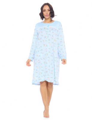 Casual Nights Women's Printed Long Sleeve Nightgown - Blue - Size recommendation: Size Medium (4-6) Large (8-10) X-Large (12-14) XX-Large (16-18), Order one size up For a more Relaxed FitThis lightweight and comfortable Long Sleeve Nightgown Sleepdress for ladies from the Casual Nights Loungewear and Sleepwear robes Collection, in beautiful feminine floral & Butterflies print pattern design. this easy to wear Pullover Nightdress is made of 55% Cotton/45% Poly fabric, The sleep dress Features: Long sleeves with ruffled cuffs, fancy lace detail at neck, 2 button closer with satin bow ribbon. short knee length approx. 38-40 Shoulder to hem. This lounge wear muumuu dress has a relaxed comfortable fit and comes in regular and plus sizes S, M, L, XL, 2X, 3X, 4X. All year winter and summer versatile multi uses, wear around the house as relaxed home day waltz dress, a sleepshirt dress, Our sleep robe gowns is perfect to use for maternity, labor/delivery, hospital gown. Makes a perfect Mothers Day gift for your loved ones, mom, older women or elderly grandmother. Even beautiful and comfortable enough for everyday use around the house. Please use our size chart to determine which size will fit you best, if your measurements fall between two sizes, we recommend ordering a larger size as most people prefer their sleepwear a little looser.