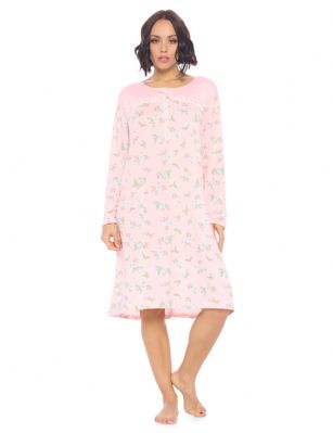 Casual Nights Women's Printed Long Sleeve Nightgown - Pink - Size recommendation: Size Medium (4-6) Large (8-10) X-Large (12-14) XX-Large (16-18), Order one size up For a more Relaxed FitThis lightweight and comfortable Long Sleeve Nightgown Sleepdress for ladies from the Casual Nights Loungewear and Sleepwear robes Collection, in beautiful feminine floral & Butterflies print pattern design. this easy to wear Pullover Nightdress is made of 55% Cotton/45% Poly fabric, The sleep dress Features: Long sleeves with ruffled cuffs, fancy lace detail at neck, 2 button closer with satin bow ribbon. short knee length approx. 38-40 Shoulder to hem. This lounge wear muumuu dress has a relaxed comfortable fit and comes in regular and plus sizes S, M, L, XL, 2X, 3X, 4X. All year winter and summer versatile multi uses, wear around the house as relaxed home day waltz dress, a sleepshirt dress, Our sleep robe gowns is perfect to use for maternity, labor/delivery, hospital gown. Makes a perfect Mothers Day gift for your loved ones, mom, older women or elderly grandmother. Even beautiful and comfortable enough for everyday use around the house. Please use our size chart to determine which size will fit you best, if your measurements fall between two sizes, we recommend ordering a larger size as most people prefer their sleepwear a little looser.