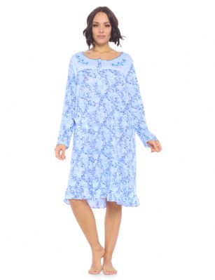 Casual Nights Women's Printed Long Sleeve Nightgown - Blue - Size recommendation: Size Medium (4-6) Large (8-10) X-Large (12-14) XX-Large (16-18), Order one size up For a more Relaxed FitThis lightweight and comfortable Long Sleeve Nightgown Sleepdress for ladies from the Casual Nights Loungewear and Sleepwear robes Collection, in beautiful feminine floral & Butterflies print pattern design. this easy to wear Pullover Nightdress is made of 55% Cotton/45% Poly fabric, The sleep dress Features: Long sleeves with ruffled cuffs, fancy lace detail at neck, 2 button closer with satin bow ribbon. short knee length approx. 38-40 Shoulder to hem. This lounge wear muumuu dress has a relaxed comfortable fit and comes in regular and plus sizes S, M, L, XL, 2X, 3X, 4X. All year winter and summer versatile multi uses, wear around the house as relaxed home day waltz dress, a sleepshirt dress, Our sleep robe gowns is perfect to use for maternity, labor/delivery, hospital gown. Makes a perfect Mothers Day gift for your loved ones, mom, older women or elderly grandmother. Even beautiful and comfortable enough for everyday use around the house. Please use our size chart to determine which size will fit you best, if your measurements fall between two sizes, we recommend ordering a larger size as most people prefer their sleepwear a little looser.