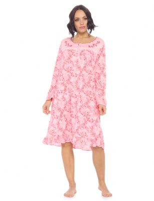 Casual Nights Women's Printed Long Sleeve Nightgown - Pink - Size recommendation: Size Medium (4-6) Large (8-10) X-Large (12-14) XX-Large (16-18), Order one size up For a more Relaxed FitThis lightweight and comfortable Long Sleeve Nightgown Sleepdress for ladies from the Casual Nights Loungewear and Sleepwear robes Collection, in beautiful feminine floral & Butterflies print pattern design. this easy to wear Pullover Nightdress is made of 55% Cotton/45% Poly fabric, The sleep dress Features: Long sleeves with ruffled cuffs, fancy lace detail at neck, 2 button closer with satin bow ribbon. short knee length approx. 38-40 Shoulder to hem. This lounge wear muumuu dress has a relaxed comfortable fit and comes in regular and plus sizes S, M, L, XL, 2X, 3X, 4X. All year winter and summer versatile multi uses, wear around the house as relaxed home day waltz dress, a sleepshirt dress, Our sleep robe gowns is perfect to use for maternity, labor/delivery, hospital gown. Makes a perfect Mothers Day gift for your loved ones, mom, older women or elderly grandmother. Even beautiful and comfortable enough for everyday use around the house. Please use our size chart to determine which size will fit you best, if your measurements fall between two sizes, we recommend ordering a larger size as most people prefer their sleepwear a little looser.