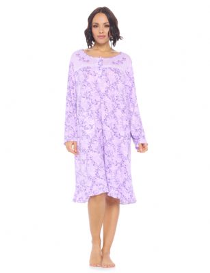 Casual Nights Women's Printed Long Sleeve Nightgown - Purple - Size recommendation: Size Medium (4-6) Large (8-10) X-Large (12-14) XX-Large (16-18), Order one size up For a more Relaxed FitThis lightweight and comfortable Long Sleeve Nightgown Sleepdress for ladies from the Casual Nights Loungewear and Sleepwear robes Collection, in beautiful feminine floral & Butterflies print pattern design. this easy to wear Pullover Nightdress is made of 55% Cotton/45% Poly fabric, The sleep dress Features: Long sleeves with ruffled cuffs, fancy lace detail at neck, 2 button closer with satin bow ribbon. short knee length approx. 38-40 Shoulder to hem. This lounge wear muumuu dress has a relaxed comfortable fit and comes in regular and plus sizes S, M, L, XL, 2X, 3X, 4X. All year winter and summer versatile multi uses, wear around the house as relaxed home day waltz dress, a sleepshirt dress, Our sleep robe gowns is perfect to use for maternity, labor/delivery, hospital gown. Makes a perfect Mothers Day gift for your loved ones, mom, older women or elderly grandmother. Even beautiful and comfortable enough for everyday use around the house. Please use our size chart to determine which size will fit you best, if your measurements fall between two sizes, we recommend ordering a larger size as most people prefer their sleepwear a little looser.