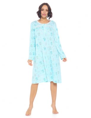 Casual Nights Women's Printed Long Sleeve Nightgown - Aqua - Size recommendation: Size Medium (4-6) Large (8-10) X-Large (12-14) XX-Large (16-18), Order one size up For a more Relaxed FitThis lightweight and comfortable Long Sleeve Nightgown Sleepdress for ladies from the Casual Nights Loungewear and Sleepwear robes Collection, in beautiful feminine floral & Butterflies print pattern design. this easy to wear Pullover Nightdress is made of 55% Cotton/45% Poly fabric, The sleep dress Features: Long sleeves with ruffled cuffs, fancy lace detail at neck, 2 button closer with satin bow ribbon. short knee length approx. 38-40 Shoulder to hem. This lounge wear muumuu dress has a relaxed comfortable fit and comes in regular and plus sizes S, M, L, XL, 2X, 3X, 4X. All year winter and summer versatile multi uses, wear around the house as relaxed home day waltz dress, a sleepshirt dress, Our sleep robe gowns is perfect to use for maternity, labor/delivery, hospital gown. Makes a perfect Mothers Day gift for your loved ones, mom, older women or elderly grandmother. Even beautiful and comfortable enough for everyday use around the house. Please use our size chart to determine which size will fit you best, if your measurements fall between two sizes, we recommend ordering a larger size as most people prefer their sleepwear a little looser.