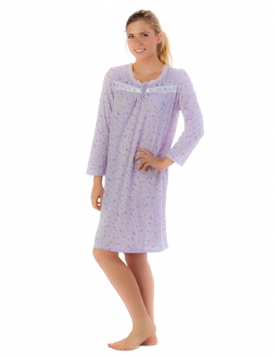 Casual Nights Women's Long Sleeve Floral Embroidered Night Gown - Purple - Hit the sack in total comfort with this Soft and lightweight KnitNight Gownin a funfloralpattern, Features2 Button closure,Long sleeves,detailed with lace, Sating Ribbonand Embroidery for an extra feminine touch. A comfortable fit perfect for sleeping or lounging around.