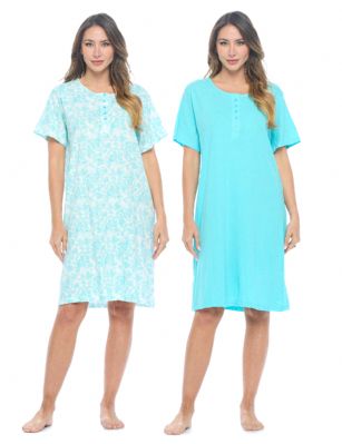 Casual Nights Women's Henley Nightshirts Set of 2, Floral Short Sleeve Nightgowns & Solid Sleepwear Shirt - Turquoise - This softest lightweight and comfortable short Sleeve Long Nightgown for ladies from the Casual Nights Loungewear and Sleepwear robes Collection,  in beautiful feminine Bright Solid & floral print pattern design. this easy to wear Pullover Nightdress is made of 100% Cotton Knit material,  This Convenient 2-pack set  sleep dress Features: Henley-Style with a scoop neckline, 5 Button placket, short sleeves. Mid calf length approx. 38-39 Shoulder to hem. This lounge wear muumuu dress has a relaxed comfortable fit and comes in regular and plus sizes  M, L, XL, 2X, All year winter and summer versatile multi uses, wear around to bed as Pj's or lounging the house as relaxed home day waltz dress, a sleepshirt dress, Our sleep robe gowns is perfect to use for maternity, labor/delivery, hospital gown. Makes a perfect Mothers Day gift for your loved ones, mom, older women or elderly grandmother. Even beautiful and comfortable enough for everyday use around the house.  Please use our size chart to determine which size will fit you best, if your measurements fall between two sizes, we recommend ordering a larger size as most people prefer their sleepwear a little looser. Medium: Measures US Size 6-8 -, Chests/Bust 35"-36" Large: Measures US Size 10-12, Chests/Bust 37-38" X-Large: Measures US Size 14-16, Chests/Bust 38.5-40" XX-Large: Measures US Size 18-20, Chests/Bust 41.5-43"