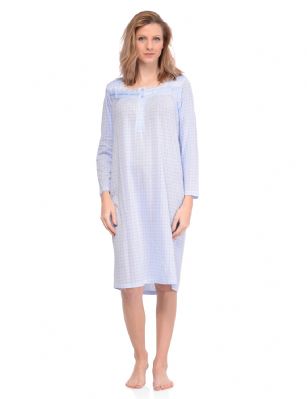 Casual Nights Women's Long Sleeve Dot Nightgown - Blue - Size recommendation: Size Medium (4-6) Large (8-10) X-Large (12-14) XX-Large (16-18), Order one size up For a more Relaxed FitHit the sack in total comfort with this Soft and lightweightCotton BlendNightgown, FeaturesSquareneck,Approximately 38" from shoulder to hem,long sleeves, 5 button closure, detailed with lace and ribbon for an extra feminine touch. A comfortable fit perfect for sleeping or lounging around.