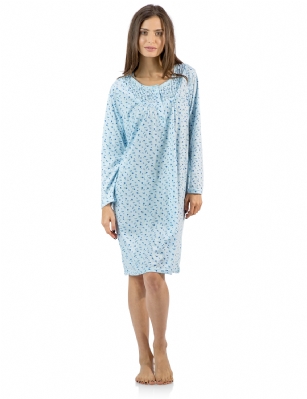Casual Nights Women's Floral Pintucked Long Sleeve Nightgown - Blue - Size recommendation: Size Medium (4-6) Large (8-10) X-Large (12-14) XX-Large (16-18), Order one size up For a more Relaxed FitHit the sack in total comfort with this Soft and lightweight Cotton Blend Nightgown, Features round neck, Approximately 38" inches from shoulder to hem, long sleeves, 5 button closure, detailed with lace, satin ribbon, pin-tucked detail for an extra feminine touch. A comfortable fit perfect for sleeping or lounging around.
