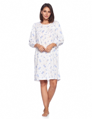 Casual Nights Women's Pointelle Long Sleeve Nightgown - Blue Floral - Size recommendation: Size Medium (4-6) Large (8-10) X-Large (12-14) XX-Large (16-18), Order one size up For a more Relaxed FitHit the sack in total comfort with this Soft and lightweight Knit pointelle Nightgown From Casual Nights in fun polka dot  printed pattern, Features 5 Button front closure, long sleeves, detailed with pintucks and flower embroidery at yoke for an extra feminine touch. A comfortable fit perfect for sleeping or lounging around as a housedress.