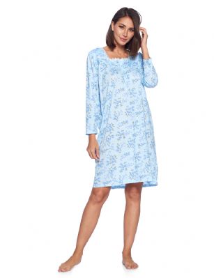 Casual Nights Women's Printed Long Sleeve Nightgown - Blue Floral - Size recommendation: Size Medium (4-6) Large (8-10) X-Large (12-14) XX-Large (16-18), Order one size up For a more Relaxed FitHit the sack in total comfort with this Soft and lightweight Knit pointelle Nightgown From Casual Nights in fun polka dot  printed pattern, Features 5 Button front closure, long sleeves, detailed with pintucks and flower embroidery at yoke for an extra feminine touch. A comfortable fit perfect for sleeping or lounging around as a housedress.