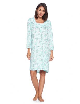 Casual Nights Women's Printed Long Sleeve Nightgown - Blue Green - Size recommendation: Size Medium (4-6) Large (8-10) X-Large (12-14) XX-Large (16-18), Order one size up For a more Relaxed FitHit the sack in total comfort with this Soft and lightweight Knit pointelle Nightgown From Casual Nights in fun polka dot  printed pattern, Features 5 Button front closure, long sleeves, detailed with pintucks and flower embroidery at yoke for an extra feminine touch. A comfortable fit perfect for sleeping or lounging around as a housedress.