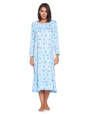 Casual Nights Women's Long Floral & Lace Henley Nightgown - Blue - This lightweight and comfortable Long Sleeve Nightgown for ladies from the Casual Nights Loungewear and Sleepwear robes Collection,  in beautiful feminine floral print pattern design. this easy to wear Pullover Nightdress is made of 55% Cotton/45% Poly fabric,  The sleep dress Features: Long sleeves with ruffled cuffs, fancy lace detail at neck, 2 button closer with satin bow ribbon. Mid calf length approx. 50 Shoulder to hem. This lounge wear muumuu dress has a relaxed comfortable fit and comes in regular and plus sizes S, M, L, XL, 2X, 3X, 4X. All year winter and summer versatile multi uses, wear around the house as relaxed home day waltz dress, a sleepshirt dress, Our sleep robe gowns is perfect to use for maternity, labor/delivery, hospital gown. Makes a perfect Mothers Day gift for your loved ones, mom, older women or elderly grandmother. Even beautiful and comfortable enough for everyday use around the house.  Please use our size chart to determine which size will fit you best, if your measurements fall between two sizes, we recommend ordering a larger size as most people prefer their sleepwear a little looser. <