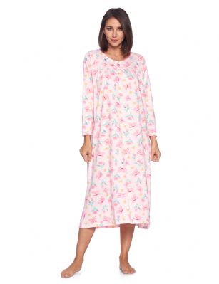 Casual Nights Women's Long Floral & Lace Henley Nightgown - Pink - This lightweight and comfortable Long Sleeve Nightgown for ladies from the Casual Nights Loungewear and Sleepwear robes Collection,  in beautiful feminine floral print pattern design. this easy to wear Pullover Nightdress is made of 55% Cotton/45% Poly fabric,  The sleep dress Features: Long sleeves with ruffled cuffs, fancy lace detail at neck, 2 button closer with satin bow ribbon. Mid calf length approx. 50 Shoulder to hem. This lounge wear muumuu dress has a relaxed comfortable fit and comes in regular and plus sizes S, M, L, XL, 2X, 3X, 4X. All year winter and summer versatile multi uses, wear around the house as relaxed home day waltz dress, a sleepshirt dress, Our sleep robe gowns is perfect to use for maternity, labor/delivery, hospital gown. Makes a perfect Mothers Day gift for your loved ones, mom, older women or elderly grandmother. Even beautiful and comfortable enough for everyday use around the house.  Please use our size chart to determine which size will fit you best, if your measurements fall between two sizes, we recommend ordering a larger size as most people prefer their sleepwear a little looser. <