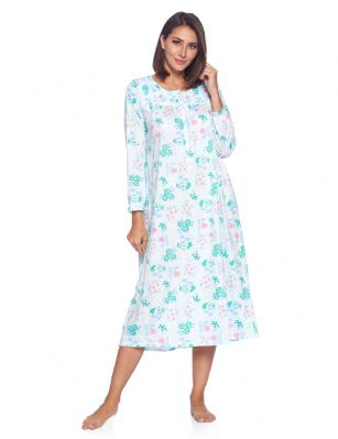 Casual Nights Women's Long Floral & Lace Henley Nightgown - Green - This lightweight and comfortable Long Sleeve Nightgown for ladies from the Casual Nights Loungewear and Sleepwear robes Collection,  in beautiful feminine floral print pattern design. this easy to wear Pullover Nightdress is made of 55% Cotton/45% Poly fabric,  The sleep dress Features: Long sleeves with ruffled cuffs, fancy lace detail at neck, 2 button closer with satin bow ribbon. Mid calf length approx. 50 Shoulder to hem. This lounge wear muumuu dress has a relaxed comfortable fit and comes in regular and plus sizes S, M, L, XL, 2X, 3X, 4X. All year winter and summer versatile multi uses, wear around the house as relaxed home day waltz dress, a sleepshirt dress, Our sleep robe gowns is perfect to use for maternity, labor/delivery, hospital gown. Makes a perfect Mothers Day gift for your loved ones, mom, older women or elderly grandmother. Even beautiful and comfortable enough for everyday use around the house.  Please use our size chart to determine which size will fit you best, if your measurements fall between two sizes, we recommend ordering a larger size as most people prefer their sleepwear a little looser. <