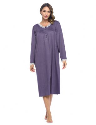 Casual Nights Women's Long Knitted & Lace Henley Nightgown - Grape - This lightweight and comfortable Long Sleeve Nightgown for ladies from the Casual Nights Loungewear and Sleepwear robes Collection,  in beautiful feminine Cotton knit material. This easy to wear Pullover Nightdress is made of 55% Cotton/45% Poly fabric,  The sleep dress Features: Long sleeves with lace cuffs, fancy lace detail at neck, pintucked yolk, 5 button henley closure. Mid calf length approx. 50 Shoulder to hem. This lounge wear muumuu dress has a relaxed comfortable fit and comes in regular and plus sizes S, M, L, XL, 2X, 3X, 4X. All year winter and summer versatile multi uses, wear around the house as relaxed home day waltz dress, a sleepshirt dress, Our sleep robe gowns is perfect to use for maternity, labor/delivery, hospital gown. Makes a perfect Mothers Day gift for your loved ones, mom, older women or elderly grandmother. Even beautiful and comfortable enough for everyday use around the house.  Please use our size chart to determine which size will fit you best, if your measurements fall between two sizes, we recommend ordering a larger size as most people prefer their sleepwear a little looser. <