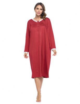 Casual Nights Women's Long Knitted & Lace Henley Nightgown - Red - This lightweight and comfortable Long Sleeve Nightgown for ladies from the Casual Nights Loungewear and Sleepwear robes Collection,  in beautiful feminine Cotton knit material. This easy to wear Pullover Nightdress is made of 55% Cotton/45% Poly fabric,  The sleep dress Features: Long sleeves with lace cuffs, fancy lace detail at neck, pintucked yolk, 5 button henley closure. Mid calf length approx. 50 Shoulder to hem. This lounge wear muumuu dress has a relaxed comfortable fit and comes in regular and plus sizes S, M, L, XL, 2X, 3X, 4X. All year winter and summer versatile multi uses, wear around the house as relaxed home day waltz dress, a sleepshirt dress, Our sleep robe gowns is perfect to use for maternity, labor/delivery, hospital gown. Makes a perfect Mothers Day gift for your loved ones, mom, older women or elderly grandmother. Even beautiful and comfortable enough for everyday use around the house.  Please use our size chart to determine which size will fit you best, if your measurements fall between two sizes, we recommend ordering a larger size as most people prefer their sleepwear a little looser. <