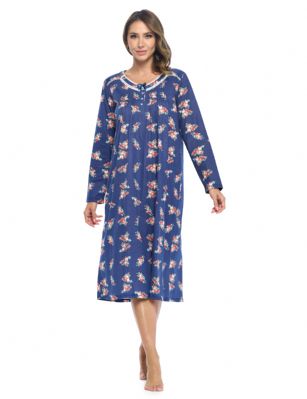 Casual Nights Women's Long Floral & Lace Henley Nightgown - Navy Floral - This lightweight and comfortable Long Sleeve Nightgown for ladies from the Casual Nights Loungewear and Sleepwear robes Collection,  in beautiful feminine floral print pattern design. this easy to wear Pullover Nightdress is made of 55% Cotton/45% Poly fabric,  The sleep dress Features: Long sleeves, fancy lace detail at neck, pintucked yolk, 4 button closure with satin bow ribbon. Mid calf length approx. 50 Shoulder to hem. This lounge wear muumuu dress has a relaxed comfortable fit and comes in regular and plus sizes S, M, L, XL, 2X, 3X, 4X. All year winter and summer versatile multi uses, wear around the house as relaxed home day waltz dress, a sleepshirt dress, Our sleep robe gowns is perfect to use for maternity, labor/delivery, hospital gown. Makes a perfect Mothers Day gift for your loved ones, mom, older women or elderly grandmother. Even beautiful and comfortable enough for everyday use around the house.  Please use our size chart to determine which size will fit you best, if your measurements fall between two sizes, we recommend ordering a larger size as most people prefer their sleepwear a little looser. <