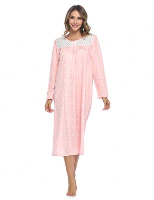 Casual Nights Women's Long Cotton Knitted & Lace Henley Nightgown - Peach - This lightweight and comfortable Long Sleeve Nightgown for ladies from the Casual Nights Loungewear and Sleepwear robes Collection,  in beautiful feminine Cotton knit material. This easy to wear Pullover Nightdress is made of 55% Cotton/45% Poly fabric,  The sleep dress Features: Long sleeve, fancy lace yolk, 2 button henley closure. Mid calf length approx. 50 Shoulder to hem. This lounge wear muumuu dress has a relaxed comfortable fit and comes in regular and plus sizes S, M, L, XL, 2X, 3X, 4X. All year winter and summer versatile multi uses, wear around the house as relaxed home day waltz dress, a sleepshirt dress, Our sleep robe gowns is perfect to use for maternity, labor/delivery, hospital gown. Makes a perfect Mothers Day gift for your loved ones, mom, older women or elderly grandmother. Even beautiful and comfortable enough for everyday use around the house.  Please use our size chart to determine which size will fit you best, if your measurements fall between two sizes, we recommend ordering a larger size as most people prefer their sleepwear a little looser. <