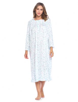 Casual Nights Women's Long Floral & Lace Henley Nightgown - Mint Floral - This lightweight and comfortable Long Sleeve Nightgown for ladies from the Casual Nights Loungewear and Sleepwear robes Collection,  in beautiful feminine floral print pattern design. this easy to wear Pullover Nightdress is made of 55% Cotton/45% Poly fabric,  The sleep dress Features: Long sleeves with ruffled cuffs, fancy lace pintucked yolk, with 6 button closure. Mid calf length approx. 50 Shoulder to hem. This lounge wear muumuu dress has a relaxed comfortable fit and comes in regular and plus sizes S, M, L, XL, 2X, 3X, 4X. All year winter and summer versatile multi uses, wear around the house as relaxed home day waltz dress, a sleepshirt dress, Our sleep robe gowns is perfect to use for maternity, labor/delivery, hospital gown. Makes a perfect Mothers Day gift for your loved ones, mom, older women or elderly grandmother. Even beautiful and comfortable enough for everyday use around the house.  Please use our size chart to determine which size will fit you best, if your measurements fall between two sizes, we recommend ordering a larger size as most people prefer their sleepwear a little looser. <