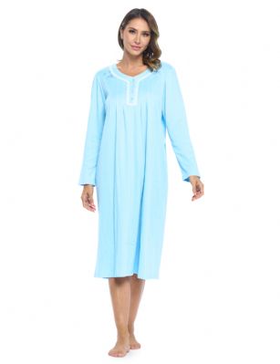Casual Nights Women's Long Knitted & Lace Henley Nightgown - Blue - This lightweight and comfortable Long Sleeve Nightgown for ladies from the Casual Nights Loungewear and Sleepwear robes Collection,  in beautiful feminine knit ribbed material. This easy to wear Pullover Nightdress is made of 55% Cotton/45% Poly fabric,  The sleep dress Features: Long sleeves with scalloped cuffs, fancy lace detail at neck, 4 button henley closure. Mid calf length approx. 50 Shoulder to hem. This lounge wear muumuu dress has a relaxed comfortable fit and comes in regular and plus sizes S, M, L, XL, 2X, 3X, 4X. All year winter and summer versatile multi uses, wear around the house as relaxed home day waltz dress, a sleepshirt dress, Our sleep robe gowns is perfect to use for maternity, labor/delivery, hospital gown. Makes a perfect Mothers Day gift for your loved ones, mom, older women or elderly grandmother. Even beautiful and comfortable enough for everyday use around the house.  Please use our size chart to determine which size will fit you best, if your measurements fall between two sizes, we recommend ordering a larger size as most people prefer their sleepwear a little looser. <