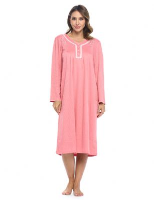 Casual Nights Women's Long Knitted & Lace Henley Nightgown - Salmon - This lightweight and comfortable Long Sleeve Nightgown for ladies from the Casual Nights Loungewear and Sleepwear robes Collection,  in beautiful feminine knit ribbed material. This easy to wear Pullover Nightdress is made of 55% Cotton/45% Poly fabric,  The sleep dress Features: Long sleeves with scalloped cuffs, fancy lace detail at neck, 4 button henley closure. Mid calf length approx. 50 Shoulder to hem. This lounge wear muumuu dress has a relaxed comfortable fit and comes in regular and plus sizes S, M, L, XL, 2X, 3X, 4X. All year winter and summer versatile multi uses, wear around the house as relaxed home day waltz dress, a sleepshirt dress, Our sleep robe gowns is perfect to use for maternity, labor/delivery, hospital gown. Makes a perfect Mothers Day gift for your loved ones, mom, older women or elderly grandmother. Even beautiful and comfortable enough for everyday use around the house.  Please use our size chart to determine which size will fit you best, if your measurements fall between two sizes, we recommend ordering a larger size as most people prefer their sleepwear a little looser. <