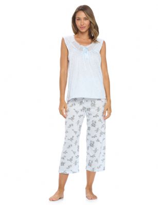 Casual Nights Women's Sleeveless Floral Lace Capri Pajama Set - Blue - Hit the sack in total comfort with these Soft and lightweight Knit Pajama Sleep Set in a funDotted and floralpattern,Capri Length Pants with an elastic waist for comfort, Shirt Features Scoop Neck,3 Button closure, Lace Trimand flattering pintuck details. A comfortable straight fit perfect for sleeping or lounging around.