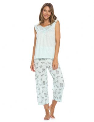Casual Nights Women's Sleeveless Floral Lace Capri Pajama Set - Green - Hit the sack in total comfort with these Soft and lightweight Knit Pajama Sleep Set in a funDotted and floralpattern,Capri Length Pants with an elastic waist for comfort, Shirt Features Scoop Neck,3 Button closure, Lace Trimand flattering pintuck details. A comfortable straight fit perfect for sleeping or lounging around.