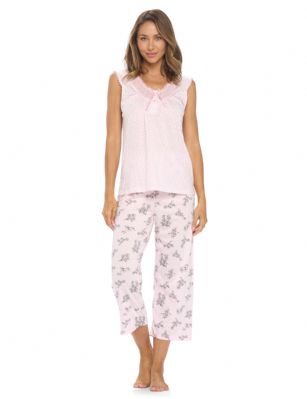 Casual Nights Women's Sleeveless Floral Lace Capri Pajama Set - Pink - Hit the sack in total comfort with these Soft and lightweight Knit Pajama Sleep Set in a funDotted and floralpattern,Capri Length Pants with an elastic waist for comfort, Shirt Features Scoop Neck,3 Button closure, Lace Trimand flattering pintuck details. A comfortable straight fit perfect for sleeping or lounging around.