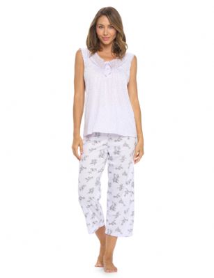 Casual Nights Women's Sleeveless Floral Lace Capri Pajama Set - Purple - Hit the sack in total comfort with these Soft and lightweight Knit Pajama Sleep Set in a funDotted and floralpattern,Capri Length Pants with an elastic waist for comfort, Shirt Features Scoop Neck,3 Button closure, Lace Trimand flattering pintuck details. A comfortable straight fit perfect for sleeping or lounging around.